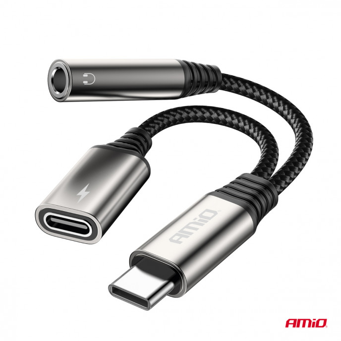 USB-C NAAR TYPE USB-C + Mini Jack 3,5 mm Female Adapter 10 cm AMIO-04295
