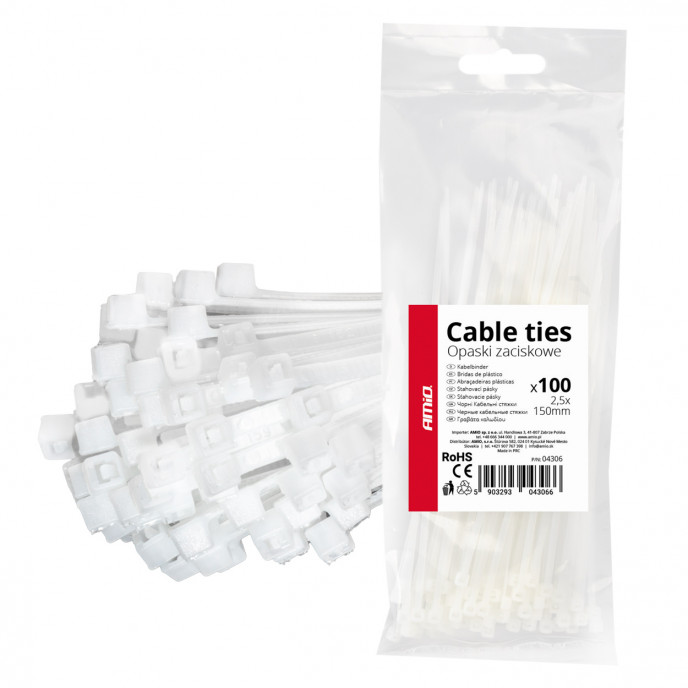 Witte kabelbinders 2,5×150mm 100 stuks AMIO-04306