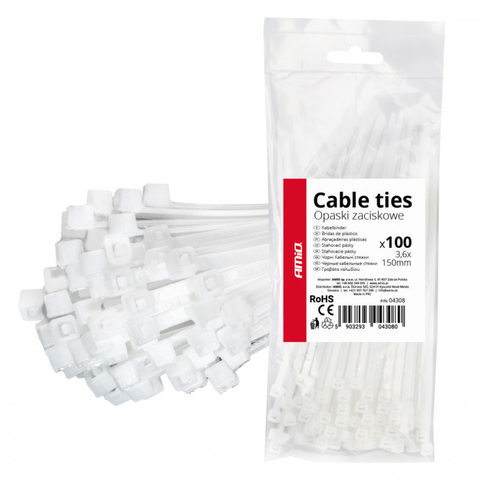 Witte kabelbinders 3,6×150mm 100 stuks AMIO-04308