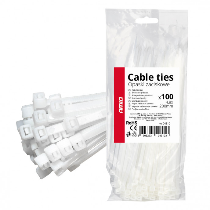 Witte kabelbinders 4,8×200mm 100 stuks AMIO-04310