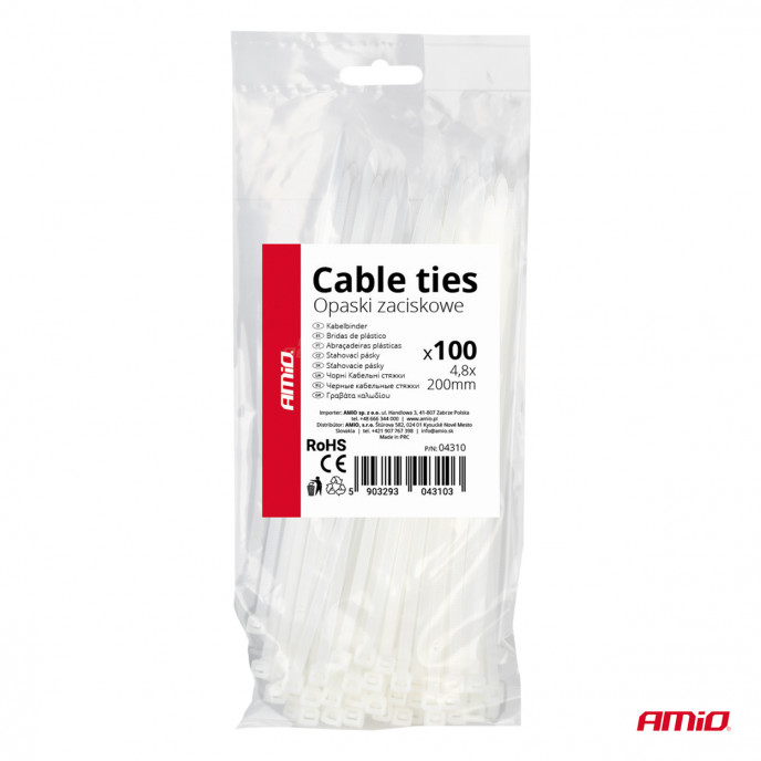 Witte kabelbinders 4,8×200mm 100 stuks AMIO-04310