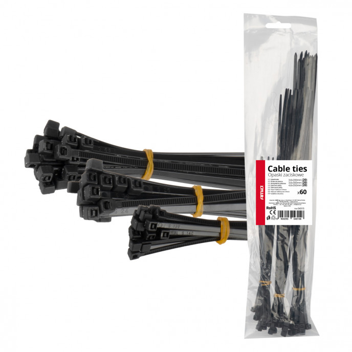 Kunststof kabelbinders zwart lange set 60 stuks AMIO-04315