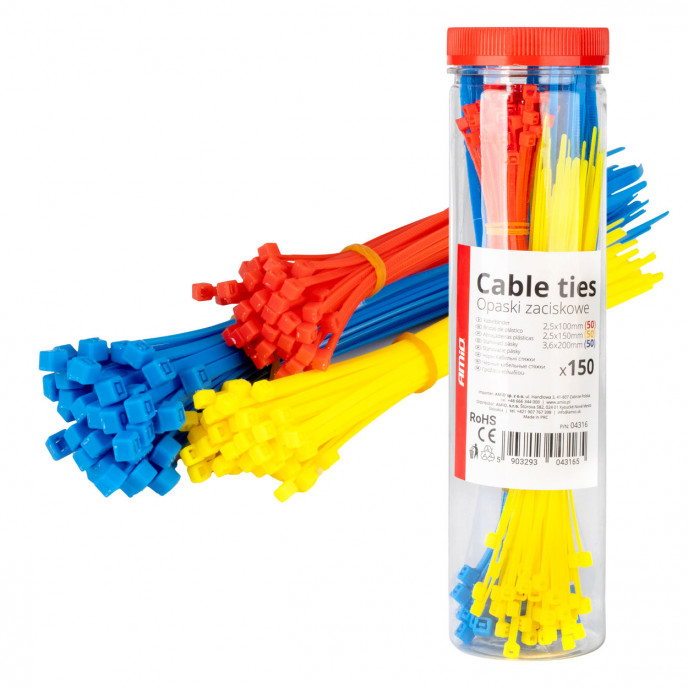 Veelkleurige kunststof kabelbinders set van 150 stuks. AMIO-04316