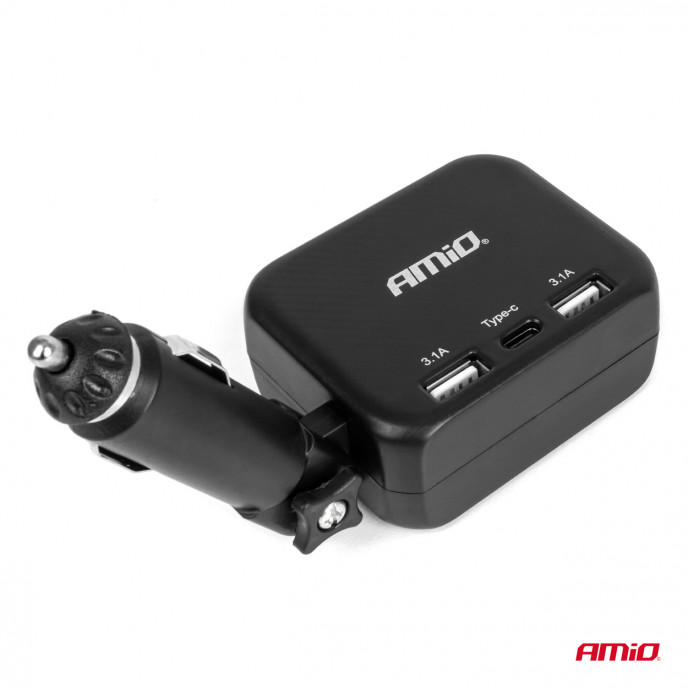 Dubbele stekkerdoos oplader 2x USB A 1x USB C 12/24V 100W 180° AMIO-04357