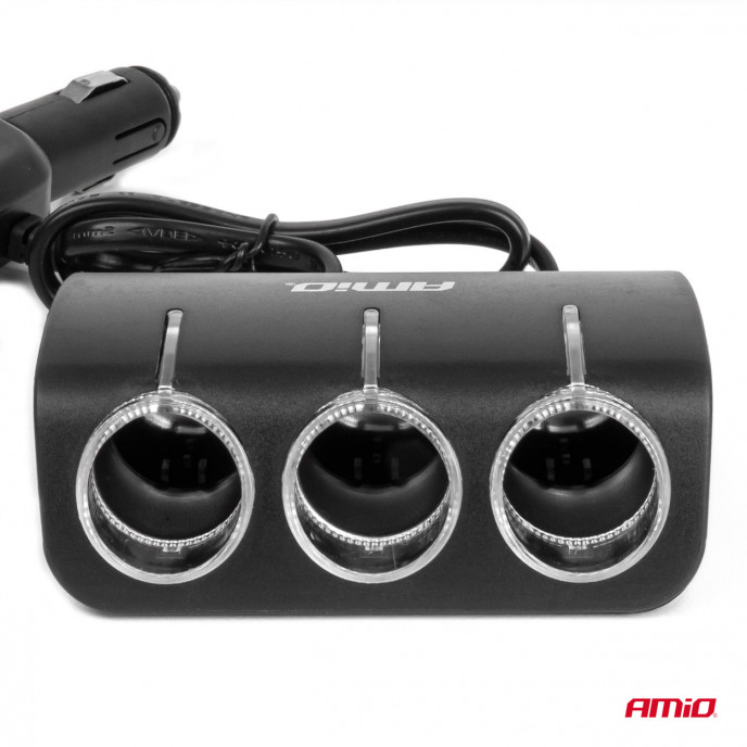 Drievoudige stekkerdoos oplader 1x USB A 1x sigarettenaansteker 12/24V 120W 80cm AMIO-04360