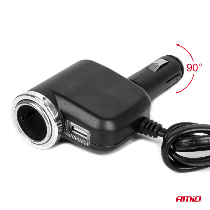 Drievoudige stekkerdoos oplader 1x USB A 1x sigarettenaansteker 12/24V 120W 80cm AMIO-04360