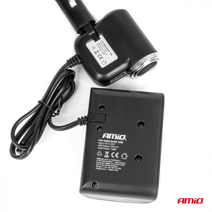 Drievoudige stekkerdoos oplader 1x USB A 1x sigarettenaansteker 12/24V 120W 80cm AMIO-04360
