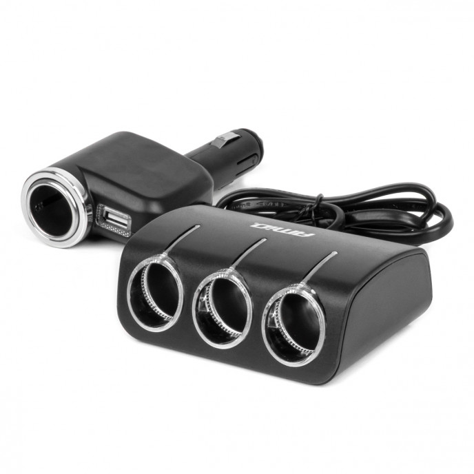 Drievoudige stekkerdoos oplader 1x USB A 1x sigarettenaansteker 12/24V 120W 80cm AMIO-04360