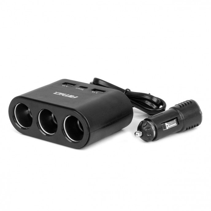 Drievoudige stekkerdoosoplader 2x USB A 1x USB C 12/24V 120W 70cm AMIO-04361