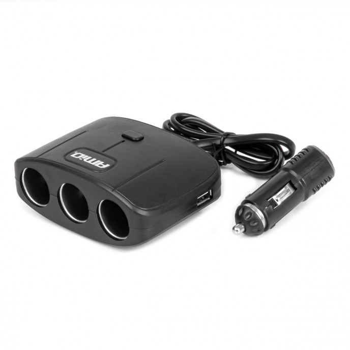 Drievoudige stekkerdoos oplader 2x USB A AAN/UIT knop 12/24V 100W 70cm AMIO-04362