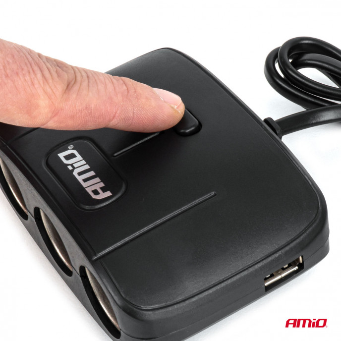 Drievoudige stekkerdoos oplader 2x USB A AAN/UIT knop 12/24V 100W 70cm AMIO-04362