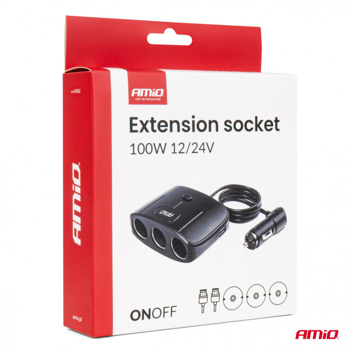 Drievoudige stekkerdoos oplader 2x USB A AAN/UIT knop 12/24V 100W 70cm AMIO-04362