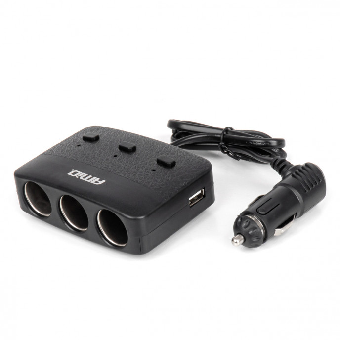 Drievoudige stekkerdoosoplader 2x USB A AAN/UIT-knop LED-indicator 12/24V 100W 70cm AMIO-04363