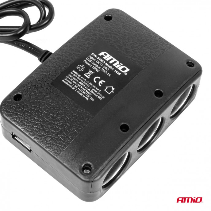 Drievoudige stekkerdoosoplader 2x USB A AAN/UIT-knop LED-indicator 12/24V 100W 70cm AMIO-04363