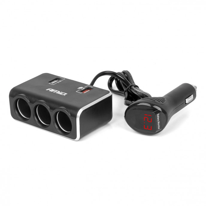 Drievoudige stekkerdoos oplader met digitaal display 2x USB A QC 3.0 12/24V 120W 80cm AMIO-04364