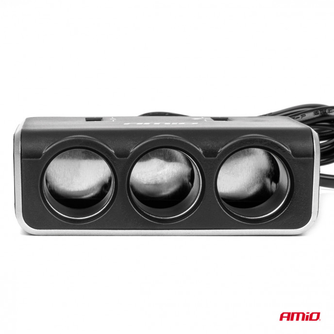 Drievoudige stekkerdoos oplader met digitaal display 2x USB A QC 3.0 12/24V 120W 80cm AMIO-04364