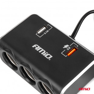 Drievoudige stekkerdoos oplader met digitaal display 2x USB A QC 3.0 12/24V 120W 80cm AMIO-04364