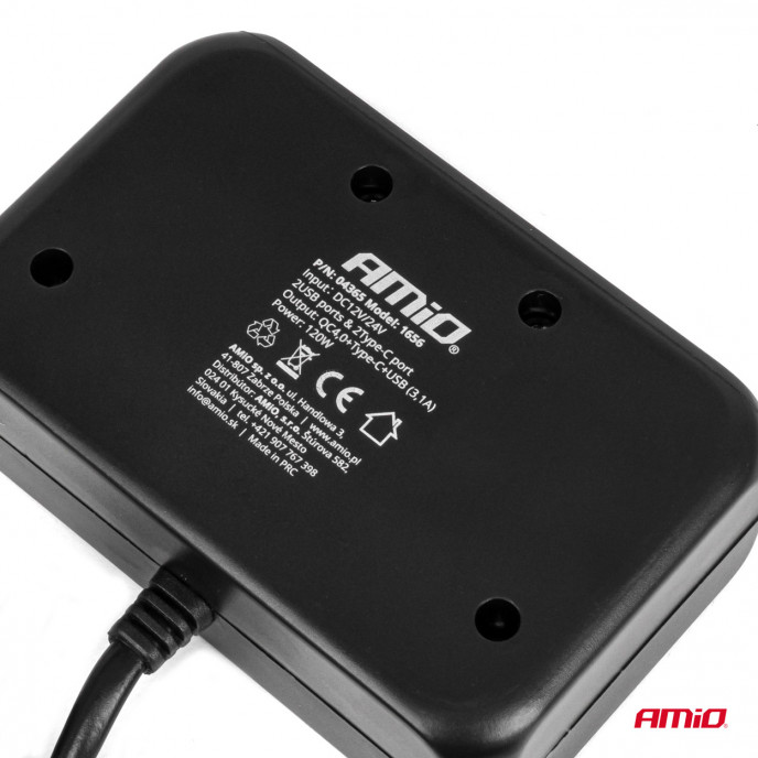 Drievoudige stekkerdoosoplader 1x USB A 1x USB C QC 4.0 12/24V 120W 80cm AMIO-04365
