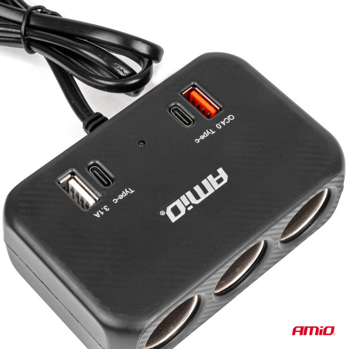 Drievoudige stekkerdoosoplader 1x USB A 1x USB C QC 4.0 12/24V 120W 80cm AMIO-04365