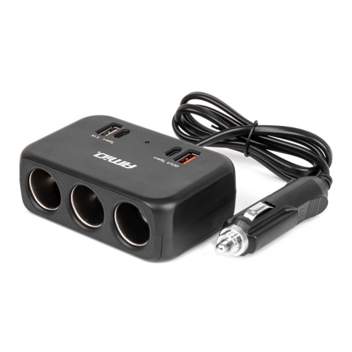 Drievoudige stekkerdoosoplader 1x USB A 1x USB C QC 4.0 12/24V 120W 80cm AMIO-04365