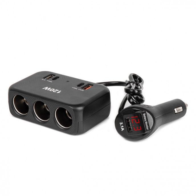 Drievoudige stekkerdoosoplader met digitaal display 2x USB A 1x USB C QC 4.0 12/24V 120W 80cm