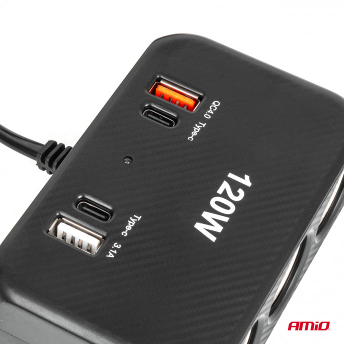 Drievoudige stekkerdoosoplader met digitaal display 2x USB A 1x USB C QC 4.0 12/24V 120W 80cm