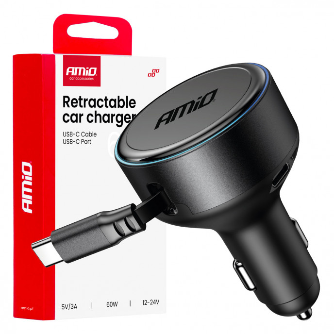 Intrekbare autolader C-kabel + USB C-poort 12/24V 60W AMIO-04368