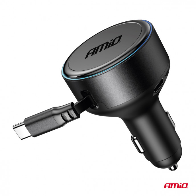 Intrekbare autolader C-kabel + USB C-poort 12/24V 60W AMIO-04368