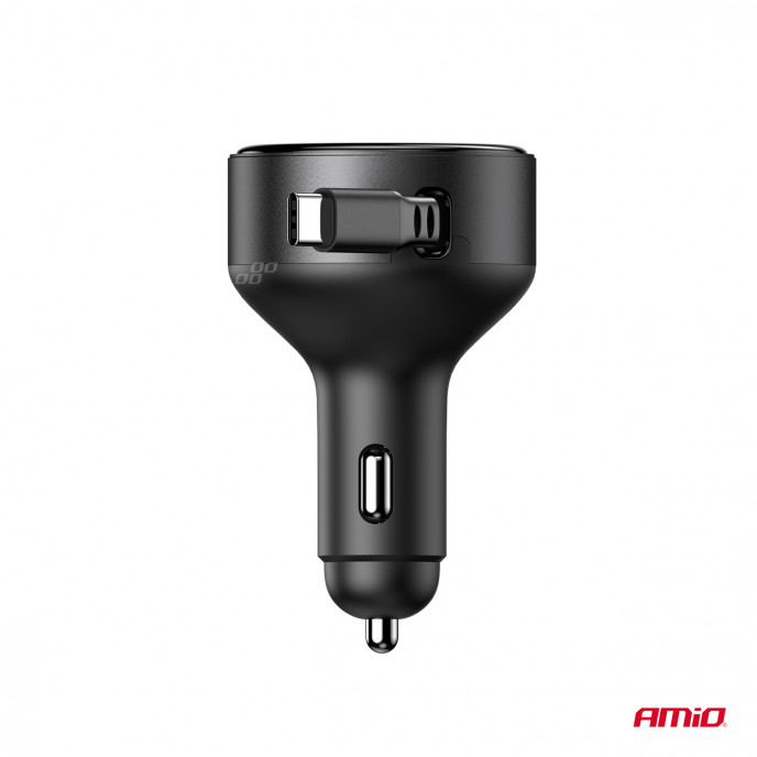 Intrekbare autolader C-kabel + USB C-poort 12/24V 60W AMIO-04368