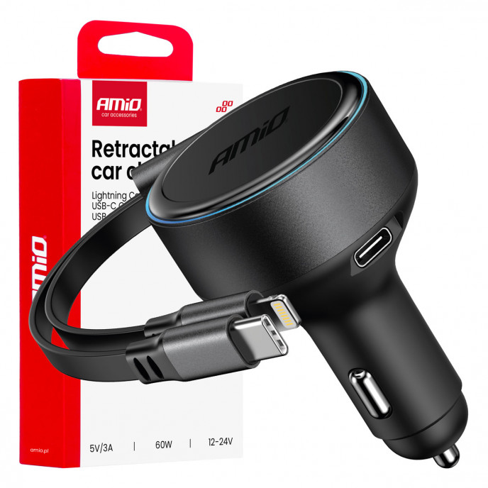 Intrekbare autolader C-kabel + lightning-kabel + USB C-poort 12/24V 60W AMIO-04370