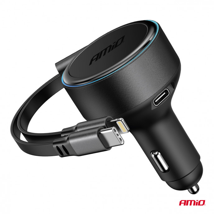 Intrekbare autolader C-kabel + lightning-kabel + USB C-poort 12/24V 60W AMIO-04370