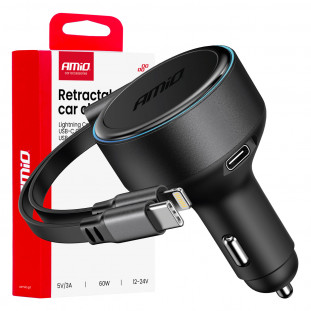 Intrekbare autolader C-kabel + lightning-kabel + USB C-poort 12/24V 60W AMIO-04370