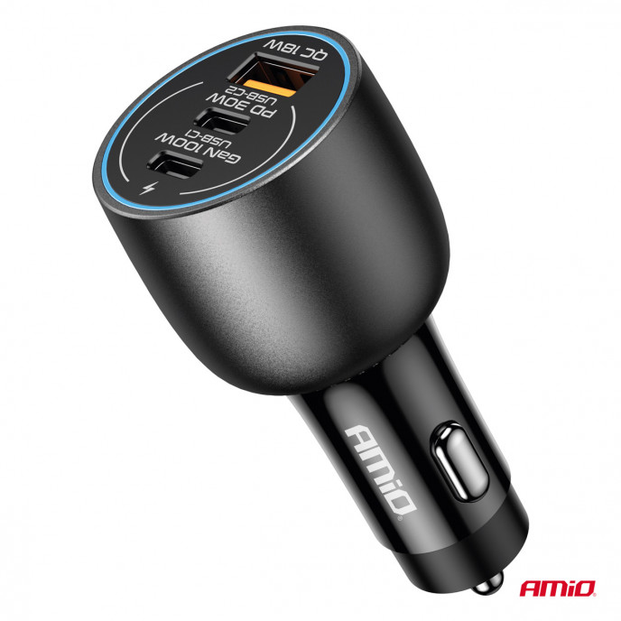 Autolader 2x USB C poort + USB A poort 12/24V 100W AMIO-04371