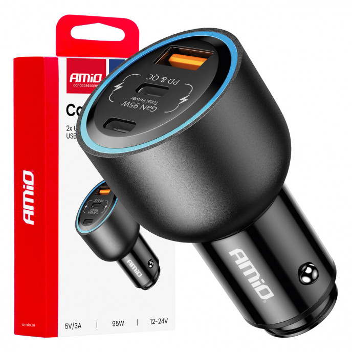 Autolader dubbele USB C-poort + USB A-poort 12/24V 95W AMIO-04372