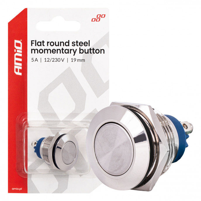 Platte ronde stalen momentknop 19 mm, 5 A, 12/230 V, AMIO-04436