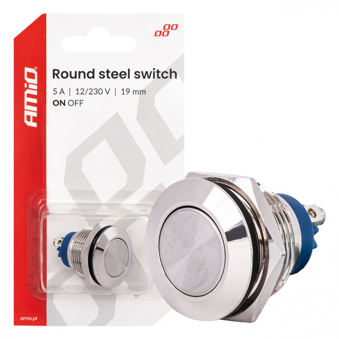 Ronde stalen schakelaar AAN/UIT 19mm 5A 12/230V AMIO-04474