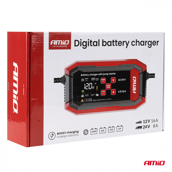 Digitale acculader, met starthulp, AGM GEL STD LiFePo4 MAX 16A 12/24V PRO AMIO-04529