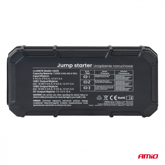 Draagbare 3-in-1 startbooster/LED-lamp/powerbank 12V 12Ah 1000A PRO AMIO-04676