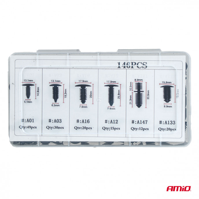 Set met 146stuks Automotive clips en bevestigingspinnen