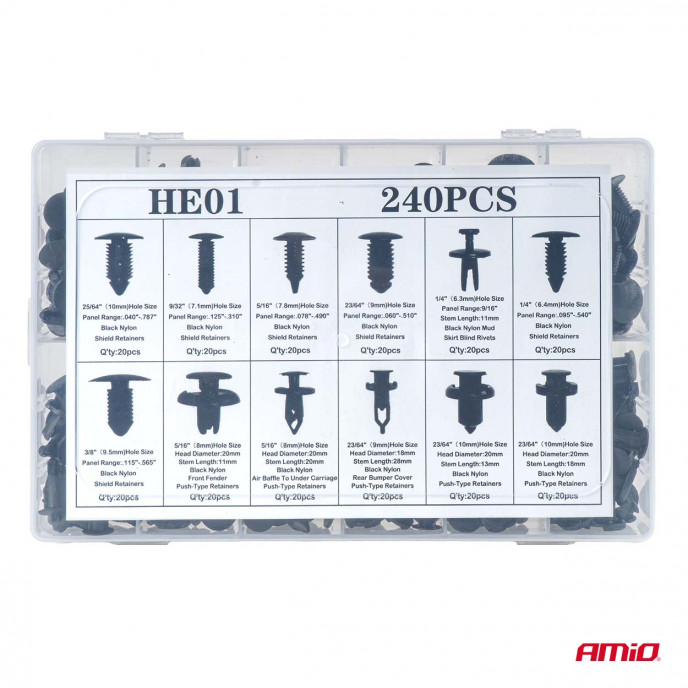 Set met 240stuks Automotive clips en bevestigingspinnen