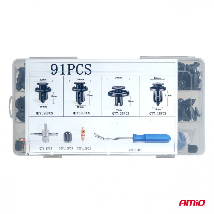 Set met 83stuks Automotive clips en bevestigingspinnen en gereedschap