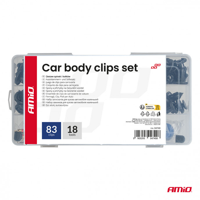 Set met 83stuks Automotive clips en bevestigingspinnen en gereedschap