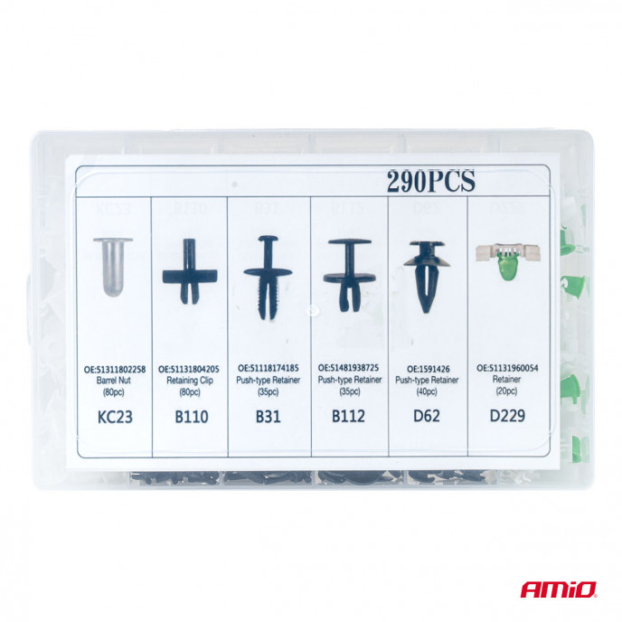 Set met 290stuks Automotive clips en bevestigingspinnen