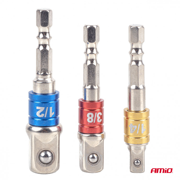 3 gekleurde adapters voor bits en doppen