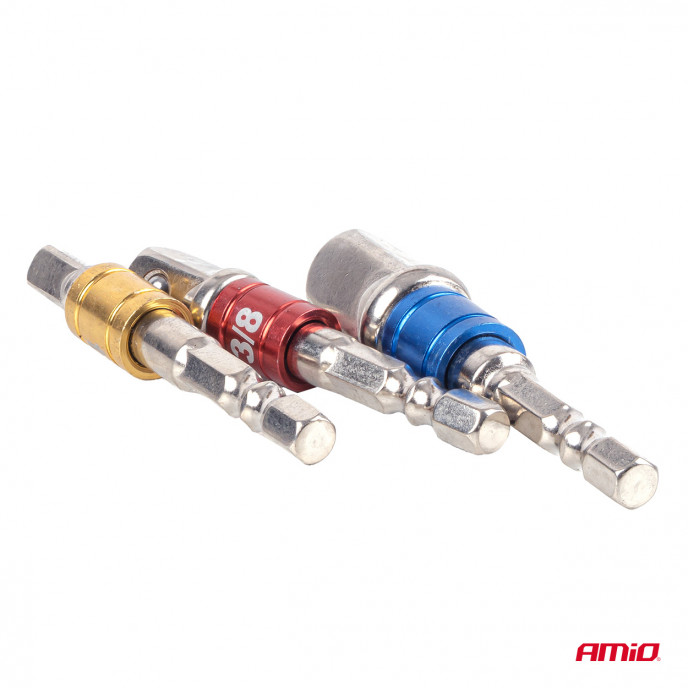 3 gekleurde adapters voor bits en doppen
