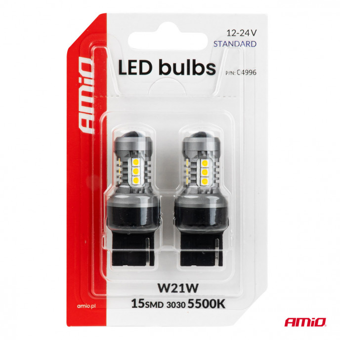 LED-lampen STANDARD 7440 W21W 3030 15SMD Wit 12/24V AMIO-04996