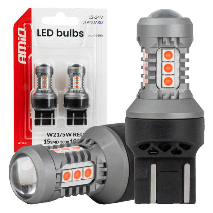 LED-lampen STANDAARD 7443 W21/5W 3030 15SMD Rood 12/24V AMIO-04999